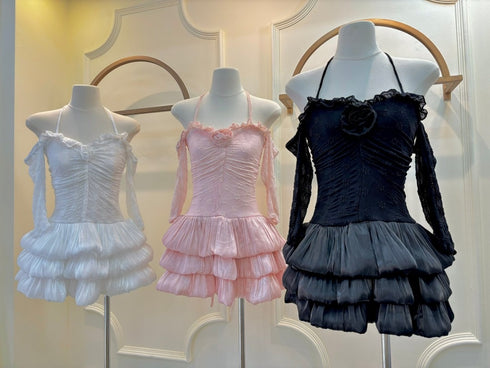 Halter Neck Mesh Satin Multi Layer Tiered Mini Dresses